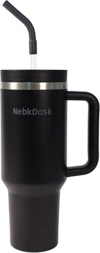 40 oz Water Bottle with Handle & Straw – Insulated Stainless Steel Bottle, Leakproof, Fits in Cup Holder – Reusable Cold Drink Thermos for Women & Men (Black)