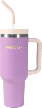 40 oz Water Bottle with Handle & Straw – Insulated Stainless Steel Bottle, Leakproof, Fits in Cup Holder – Reusable Cold Drink Thermos for Women & Men (Purple)