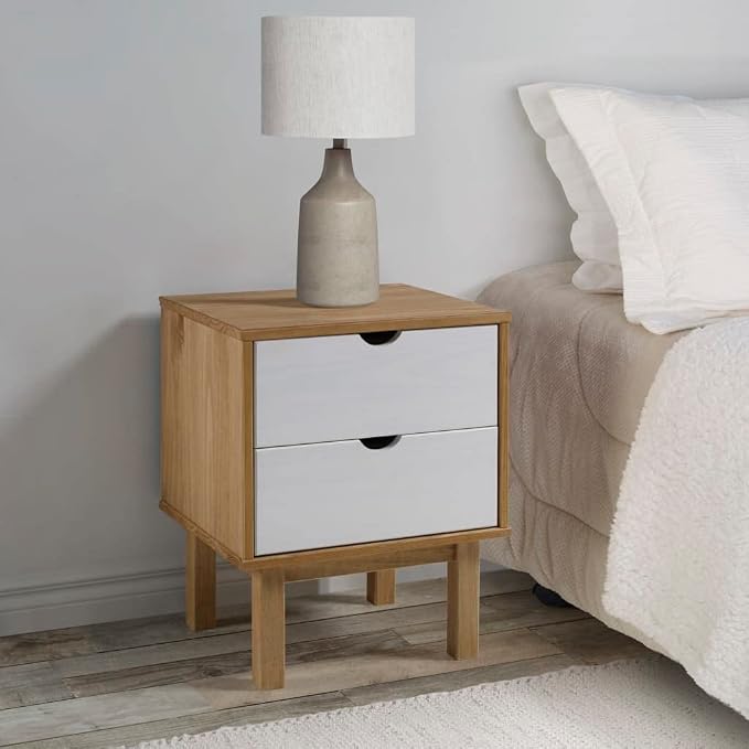 Scandinavian Style Bedside Cabinet in Brown and White, Solid Pine Wood and - Image 2