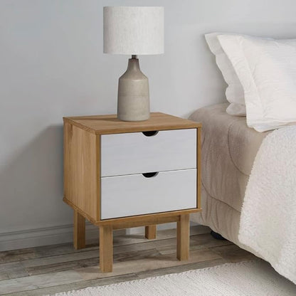 Scandinavian Style Bedside Cabinet in Brown and White, Solid Pine Wood and by Unknown