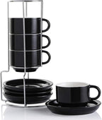 Sweejar Ceramic Espresso Cups with Saucers, 4 Ounce Stackable Cappuccino Cups with Metal Stand for Coffee Drinks, Latte, Tea - Set of 4 (Black)
