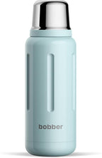 BOBBER 34 oz Stainless Steel Travel Thermos for Hot and Cold Drinks – Dishwasher Safe Metal Water Bottle with Cup Lid – Keeps Hot for 48 Hours – BPA-Free, Vacuum Insulated (Light Blue)