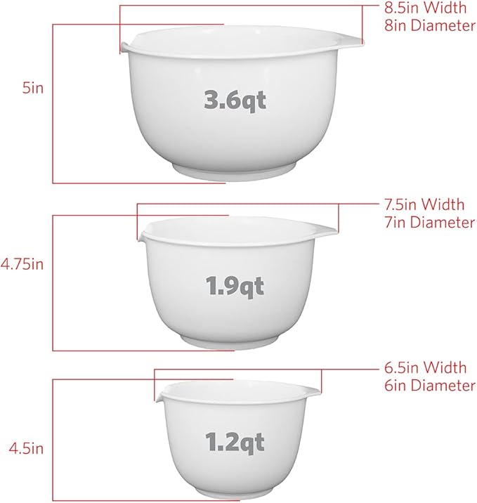 GLAD Mixing Bowls with Pour Spout, Set of 3 | Nesting Design Saves Space | Non-Slip, BPA Free, Dishwasher Safe Plastic | Kitchen Cooking and Baking Supplies, White