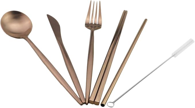 Gugrida Reusable Travel Utensils, 7 Piece Portable 304 Stainless Steel including Knife Fork Spoon Chopsticks Cleaning Brush Straws Portable Pouch, Eco-friendly Camping Silverware Set, Dishwasher Safe