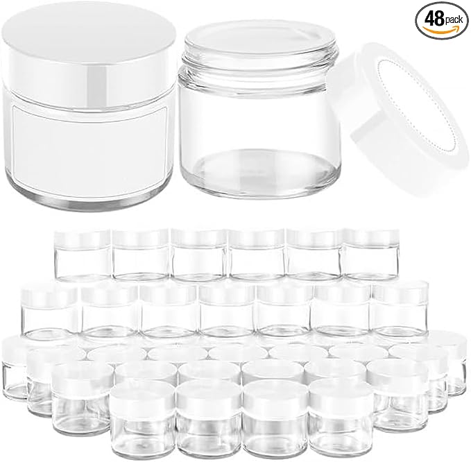 Bumobum 2 oz Glass Jars with Lids, 48 pack Clear Round Small Containers with White Lids, Blank Labels & Inner Liners, Empty Cosmetic Containers for Sample, Powder, Cream, Lotion