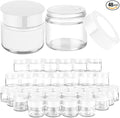 Bumobum 2 oz Glass Jars with Lids, 48 pack Clear Round Small Containers with White Lids, Blank Labels & Inner Liners, Empty Cosmetic Containers for Sample, Powder, Cream, Lotion