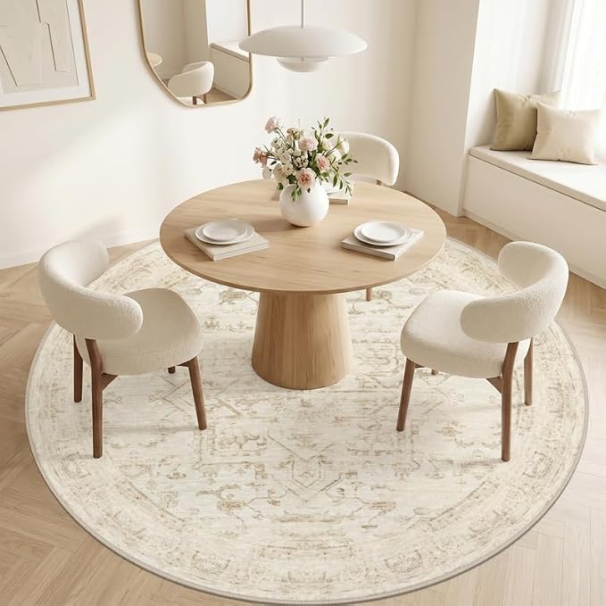 Round Area Rug Living Room: 6ft Washable Carpet Beige/Brown | Vintage Boho - Image 2