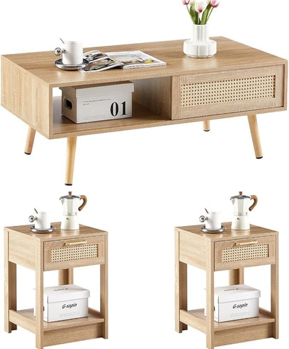 Rattan Center Table and Nightstand Set, 3-Piece Wood Living Room Table Set by YOUGUO