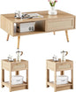 Rattan Center Table and Nightstand Set, 3-Piece Wood Living Room Table Set by YOUGUO