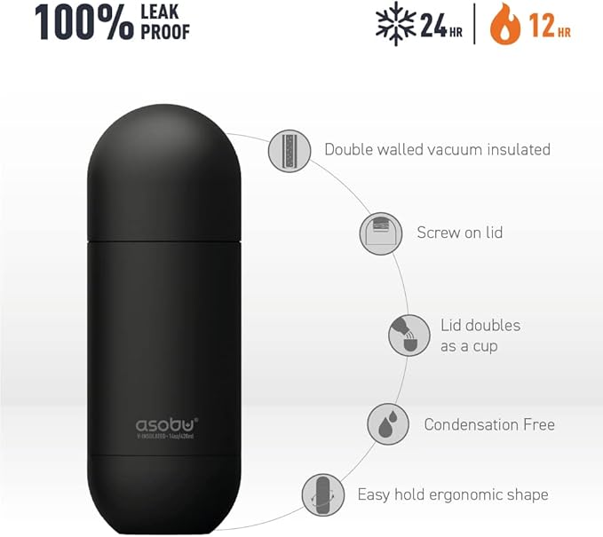 Asobu Orb Stainless Steel Double Wall Insulated Travel Water Bottle 14 Ounce (Black)