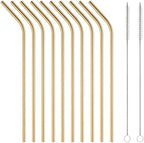 10 Pcs Stainless Steel Straws, Reusable Drinking Straws, Bent Metal Straw Sets with 2 Pcs Cleaning Brushes (Gold, 10.5 Inch)