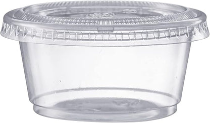 Pantry Value [2 oz. - 200 Count Clear Disposable Plastic Portion Cups with Lids - Small Plastic Condiment Containers for Sauce, Salad Dressings & Portion Control