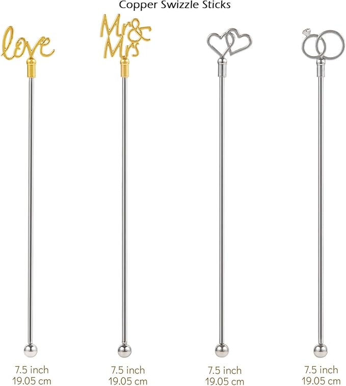 4Pcs Cocktail Stirrers Swizzle Sticks Stainless Steel 7.3" Coffee Stir Sticks with Gold Mr & Mrs,LOVE Shape, for Mixing Cocktail Metal Stir Sticks for Coffee Bar