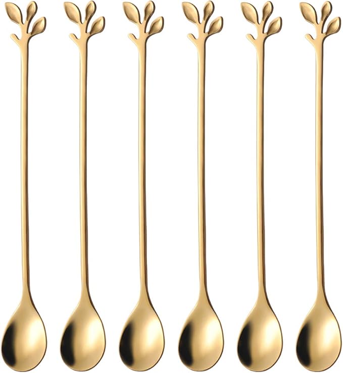 AnSaw 6-Piece Elegant Gold Leaf Long Handle Teaspoons - 7.4" Stainless Steel Stir Spoons for Coffee & Tea, Perfect for Mixing & Stirring