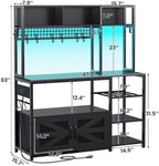 Itaar 47.2 Inch Bakers Rack with Power Outlet, Microwave Stand with Storage, Farmhouse Coffee Bar Cabinet Station with Wine Rack, Iron Grid and 8-S Hooks (Black)