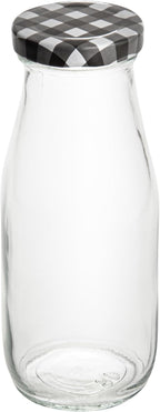 Restaurantware French Countryside 11 Ounce Glass Bottles 10 Durable Juice Bottles - With Black Plaid Lid Dishwashable Clear Glass Countryside Bottles For Hot And Cold Beverages