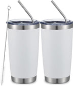 COMOOO 20oz Double Wall Vacuum Insulated Travel Mug, Stainless Steel Tumbler with Lid and Straw Durable Powder Coated Insulated Coffee Cup for Cold & Hot Drinks (White. 2 pack