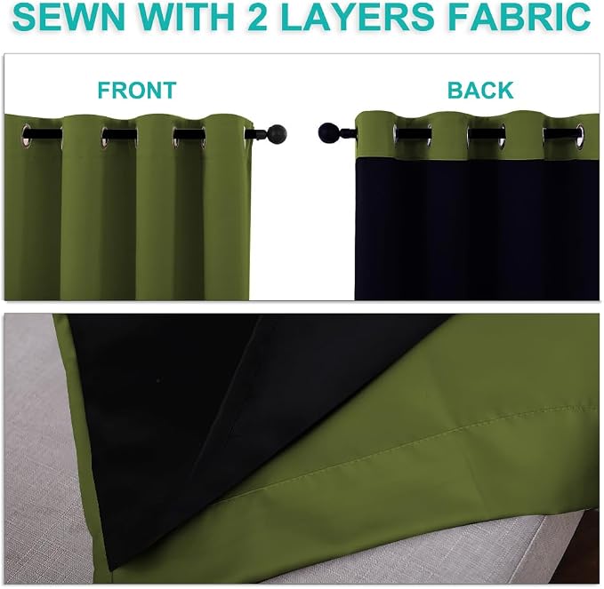 NICETOWN 100% Blackout Lined Curtains, Olive Green, 1 Pair, 2 Thick Layers - Image 5