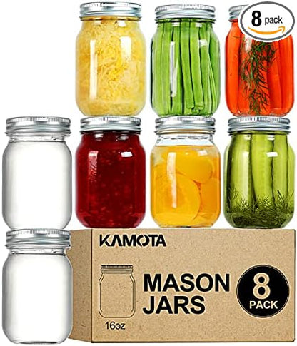 KAMOTA Mason Jars 16 OZ With Regular Lids and Bands, Ideal for Meal Prep, Jam, Honey, Wedding Favors, Shower Favors, Baby Foods, DIY Magnetic Spice Jars, 8 PACK, 10 Whiteboard Labels Included