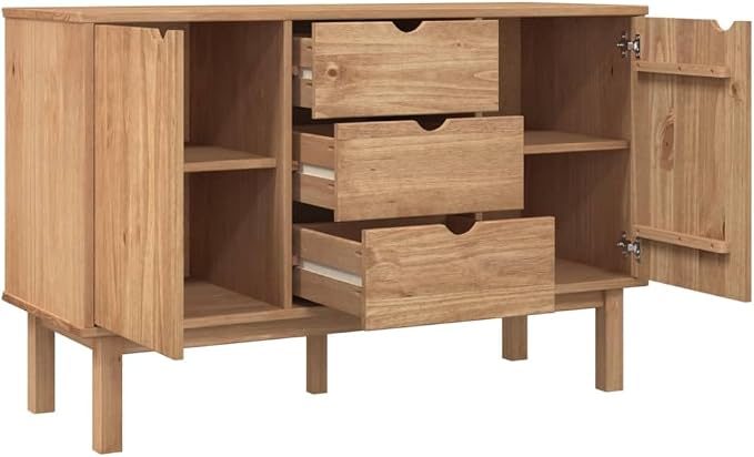 Scandinavian Sideboard with 3 Drawers and 2 Doors in Warm Brown Solid Pine Wood - Image 5