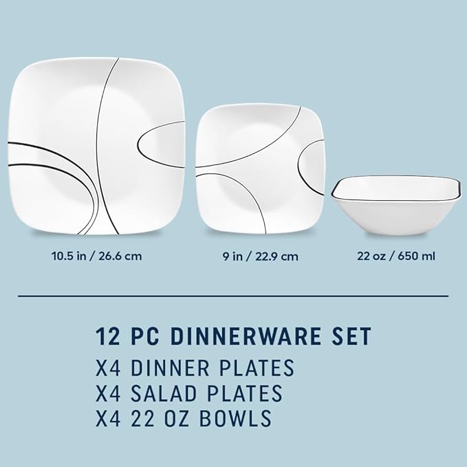 Corelle 18-Piece Service for 6 Dinnerware Set Triple Layer Glass and Chip Resistant, Lightweight Square Plates and Bowls Set, Simple Lines