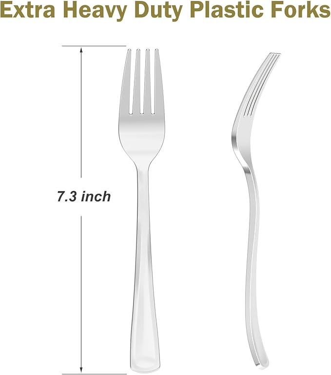 100 Count Heavy Duty Silver Plastic Forks Disposable, BPA-Free, Heat Resistant, Solid and Durable Premium Plastic Disposable Forks for Party Supply