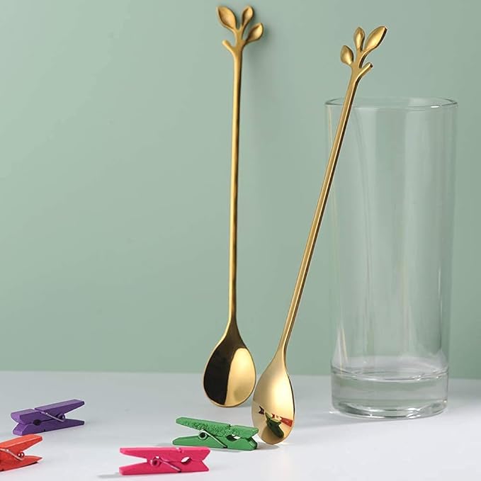 AnSaw 6-Piece Elegant Gold Leaf Long Handle Teaspoons - 7.4" Stainless Steel Stir Spoons for Coffee & Tea, Perfect for Mixing & Stirring