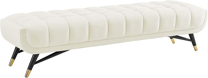 Modway Adept Mid-Century Modern Velvet Upholstered Tufted Accent Bench in Ivory - Image 4