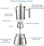 Easyworkz Diego Stovetop Espresso Maker Stainless Steel Italian Coffee Machine Maker 4Cup 6.8 oz Induction Moka Pot