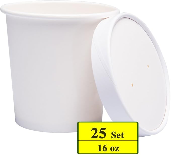Paper Ice Cream Cups with Paper Lids, Hot/Cold Soup Cups with Lids (White) (25, 16 oz)