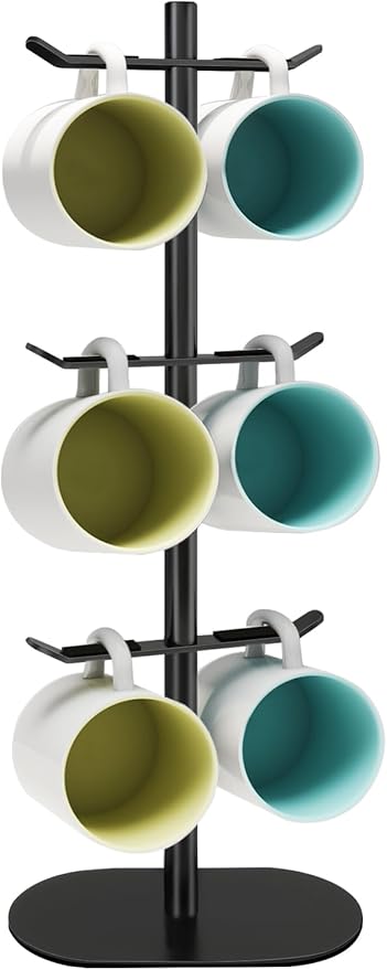 Cup Holder Tree with 6 Hooks, Metal Coffee Mug Rack Stand (Black)