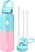 SENDESTAR Water Bottle 40oz Double Wall Vacuum Insulated Leak Proof Stainless Steel Sports Water Bottle—Wide Mouth with New Flex Straw Lid & Spout Lid (Bubble Gum)
