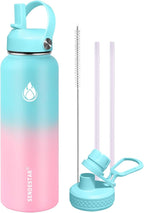 SENDESTAR Water Bottle 40oz Double Wall Vacuum Insulated Leak Proof Stainless Steel Sports Water Bottle—Wide Mouth with New Flex Straw Lid & Spout Lid (Bubble Gum)