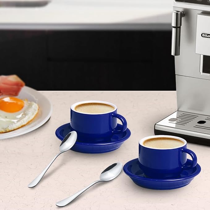 homEdge Premium Espresso Shot Cups and Saucers Set with Espresso Stainless Steel Spoons - 2.5 oz, Set of 4, Navy