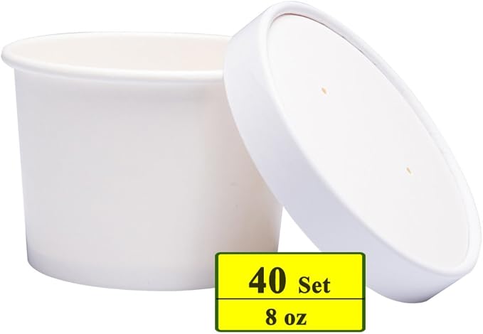 Paper Ice Cream Cups with Paper Lids, Paper Hot/Cold Soup Cups with Lids (White) (40, 8 oz)