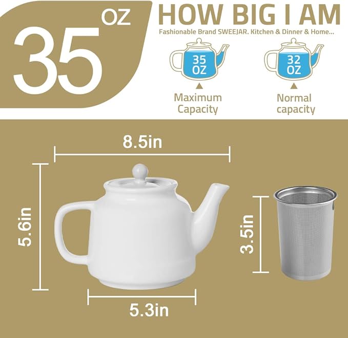 Sweejar 35 oz Porcelain Tea Pot, Teapot with Removable 18/8 Stainless Steel Infuser, Microwave & Dishwasher Safe Tea Maker, Tea Infuser Pots for Blooming loose Leaf Tea,Chrismas Women Gift (Jade)