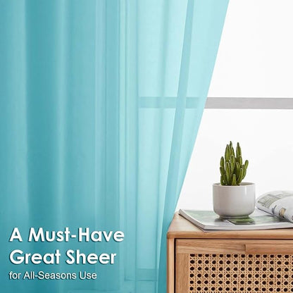 Aqua Sheer Curtains 36 inch Length 2 Panels Set, Light Filtering Voile Rod - Image 2
