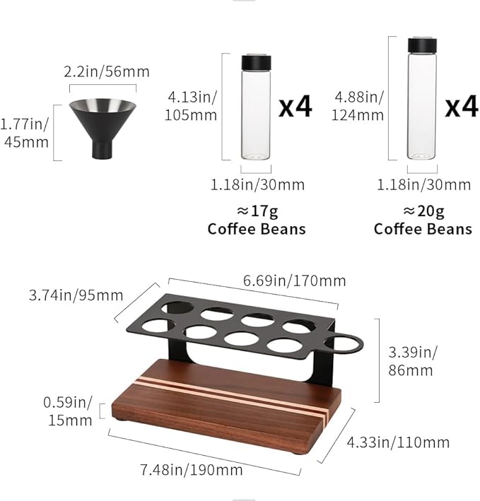 watchget Coffee Bean Storage Tubes Single Dose Coffee Bean Cellars 8 Pcs with One-way Exhaust Valve Sealed Airtight Coffee Bean Storage Jars with Hopper, Wooden Display Stand, A