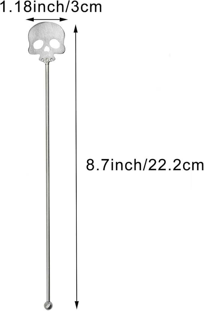6Pcs Skull Swizzle Sticks 8.7inch Coffee Stirrers Reuseable 18/10(304) Stainless Steel Beverage Cocktail Stirrer for Bar Halloween Party Mixing Drinks