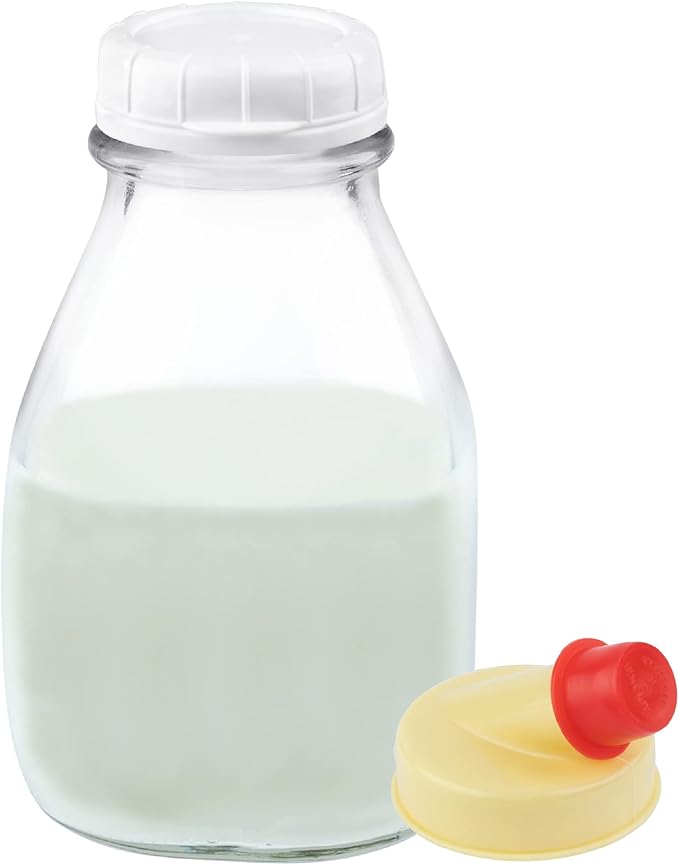 kitchentoolz 16 oz Glass Milk Bottle with Lid and Pour Spout – Small Glass Creamer Container for Refrigerator – Airtight Pint Milk Bottle for Coffee, Tea, and Liquid Storage