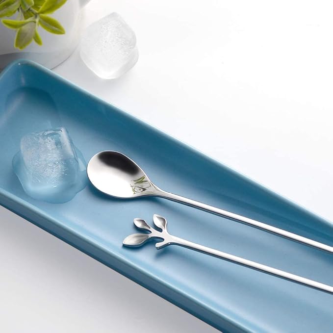 AnSaw 6-Piece Elegant Silver Leaf Long Handle Teaspoons - 7.4" Stainless Steel Stir Spoons for Coffee & Tea, Perfect for Mixing & Stirring