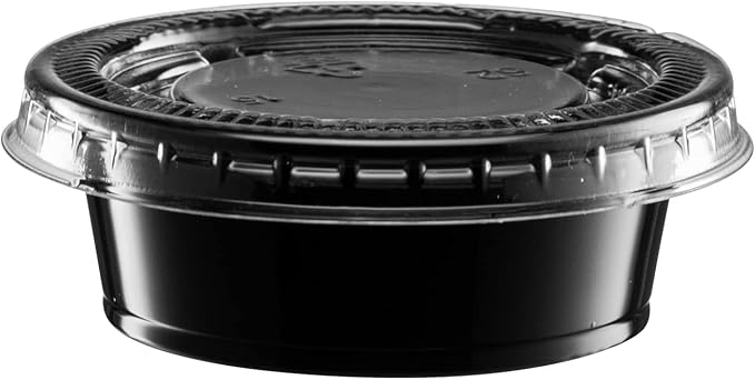 (1.5 oz - 100 Sets) Black Diposable Plastic Portion Cups With Lids, Small Mini Containers For Portion Controll, Jello Shots, Meal Prep, Sauce Cups, Slime, Condiments Disposable Souffle Cups