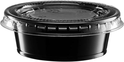 (1.5 oz - 100 Sets) Black Diposable Plastic Portion Cups With Lids, Small Mini Containers For Portion Controll, Jello Shots, Meal Prep, Sauce Cups, Slime, Condiments Disposable Souffle Cups