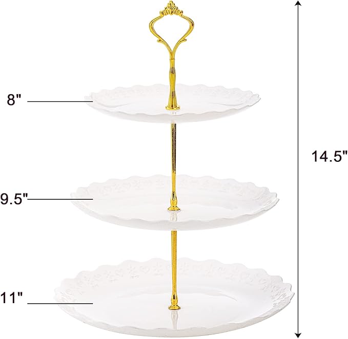 Tosnail 3-Pack 3-Tiers White Plastic Cupcake Stand, Dessert Serving Trays, Party Serving Tray Fruit Pastry Holders Catering Tray for Wedding, Party, Gathering - Round with Gold Rod