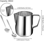 Milk Frothing Pitcher Cup, 12oz/350ML Milk Frother Cup Stainless Steel Steaming Pitcher Milk Jug Coffee Latte Art Cappuccino Espresso Machine Accessories Barista Steam Pitchers Attached Dessert Spoons
