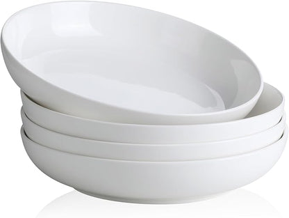 YHY Pasta Bowls Set of 4, 22 oz Ceramic Salad Plates, 7.8 Inch Wide Shallow Porcelain Dishes for Dinner, Microwave & Dishwasher Safe, White