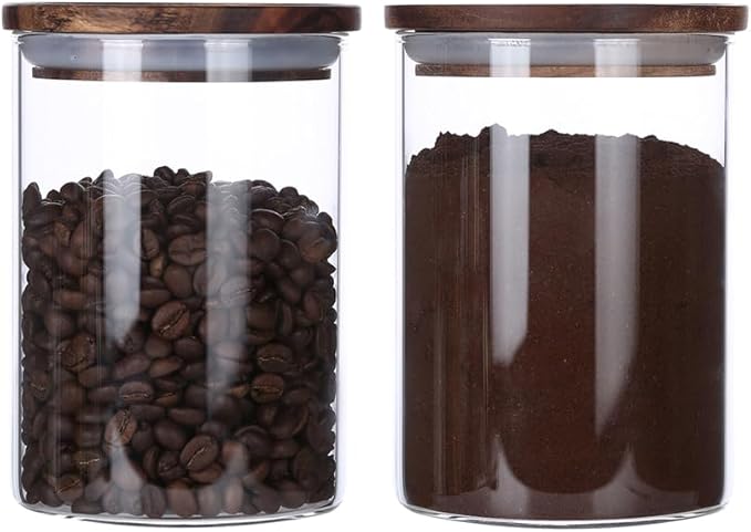 KKC HOME ACCENTS Airtight Glass Loose Tea Storage Container For Loose Leaf Tea,Ground Coffee,Glass Storage Jar with Airtight Acacia Wood Lids,Sealed Jars,25 Fl oz