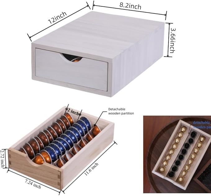 Wood Storage Drawers Organizer for Coffee Pod Holder- Kitchen Counter K Cup Drawer for Coffee Maker Stand Pod Capsule Storage Organization Coffee Accessories- Multi Purpose Desk Drawers 1D1C-WH