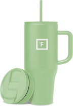 IRON °FLASK Co-Pilot Insulated Mug w/Straw & Flip Cap Lids - Cup Holder Bottle for Hot, Cold Drink - Leak-Proof - Water, Coffee Portable Travel Mug - Apple Green, 32 Oz