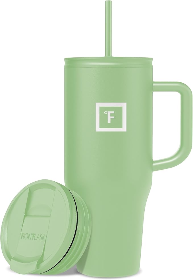 IRON °FLASK Co-Pilot Insulated Mug w/Straw & Flip Cap Lids - Cup Holder Bottle for Hot, Cold Drink - Leak-Proof - Water, Coffee Portable Travel Mug - Apple Green, 32 Oz